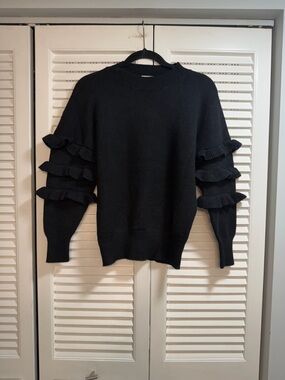 Line & Dot Black Crewneck Sweater with Layered Ruffle Sleeves